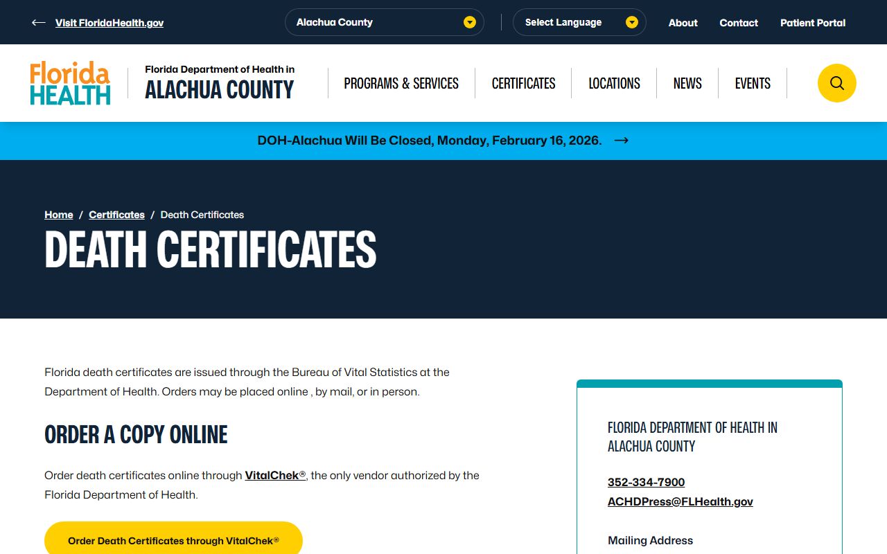 Alachua County death certificates ordering information page