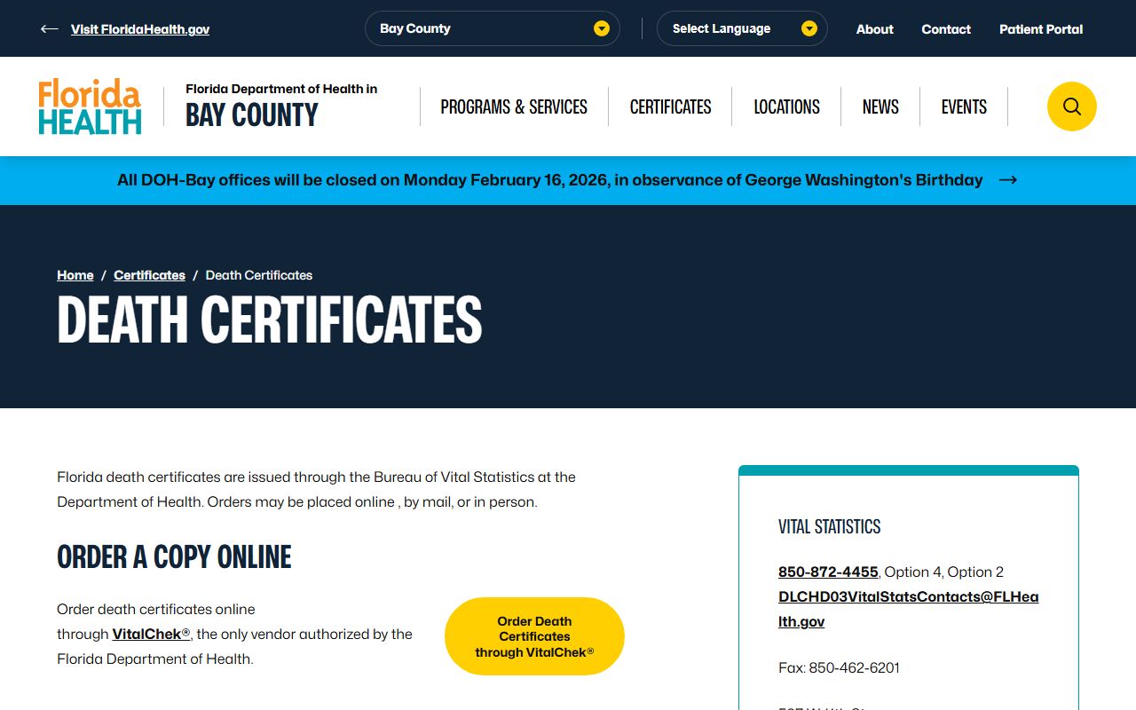 Bay County death certificates information and ordering page