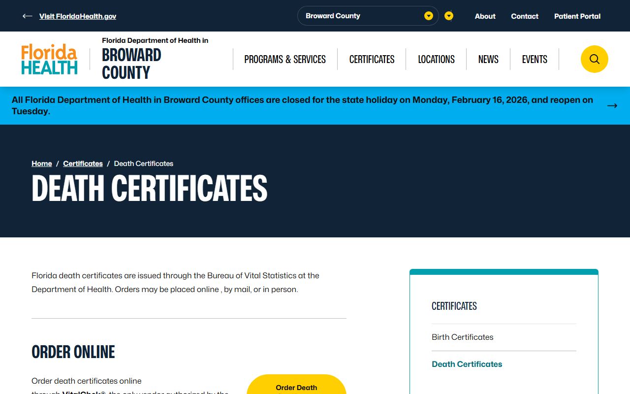 Broward County death certificates information and ordering page