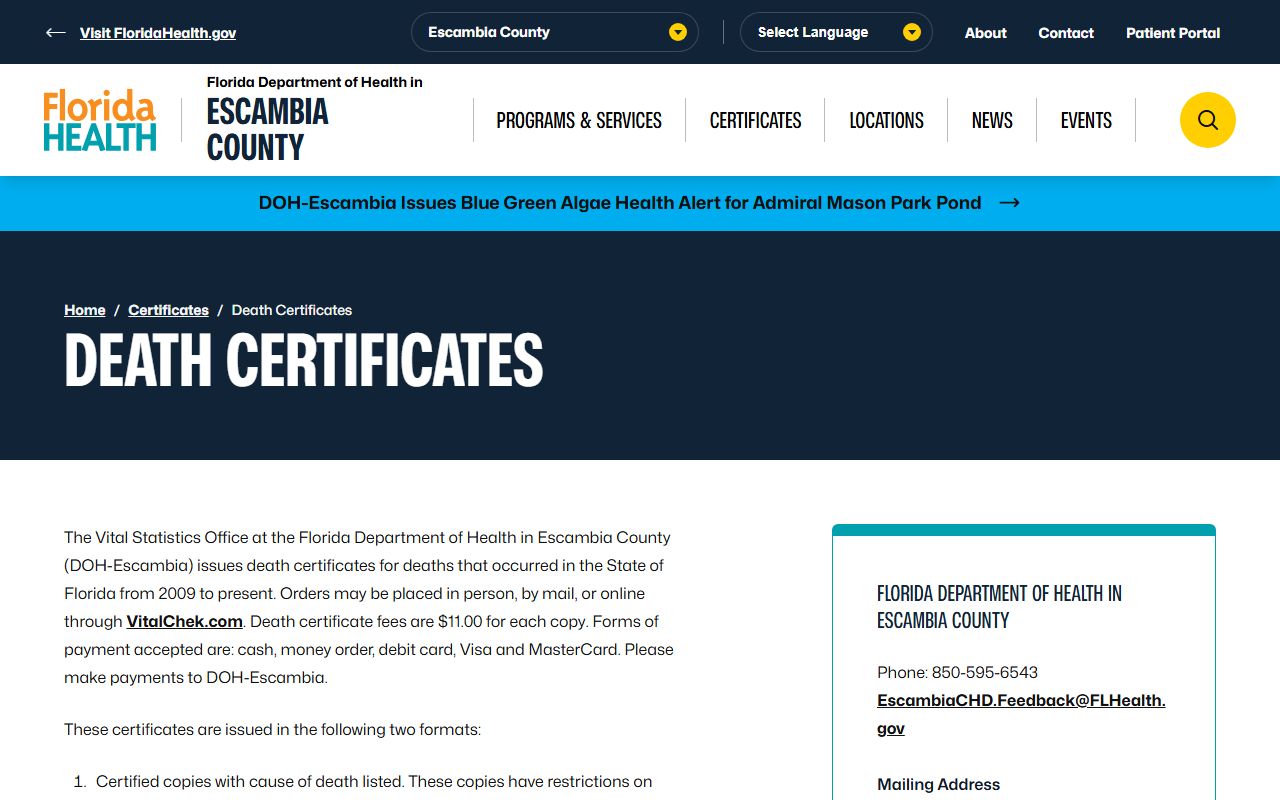 Death certificate services at Escambia County Health Department