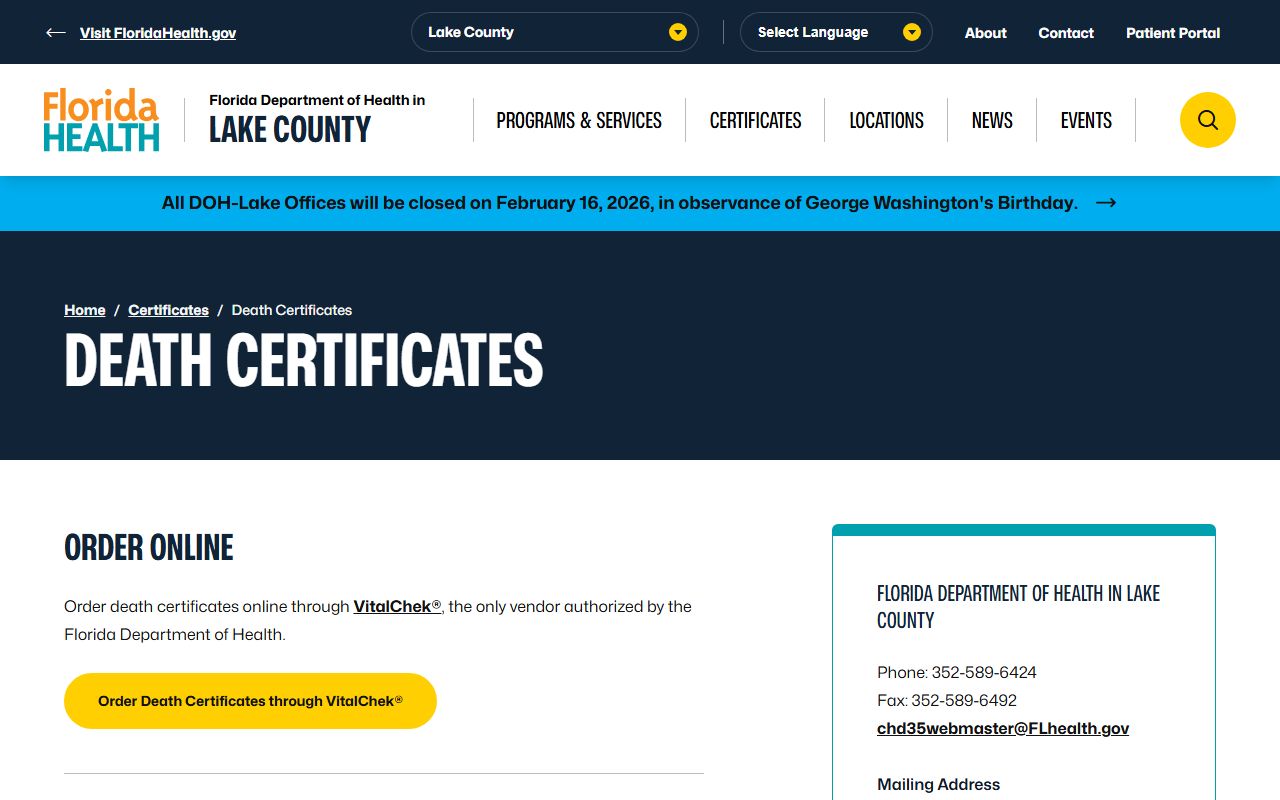 Lake County death certificates information and ordering page