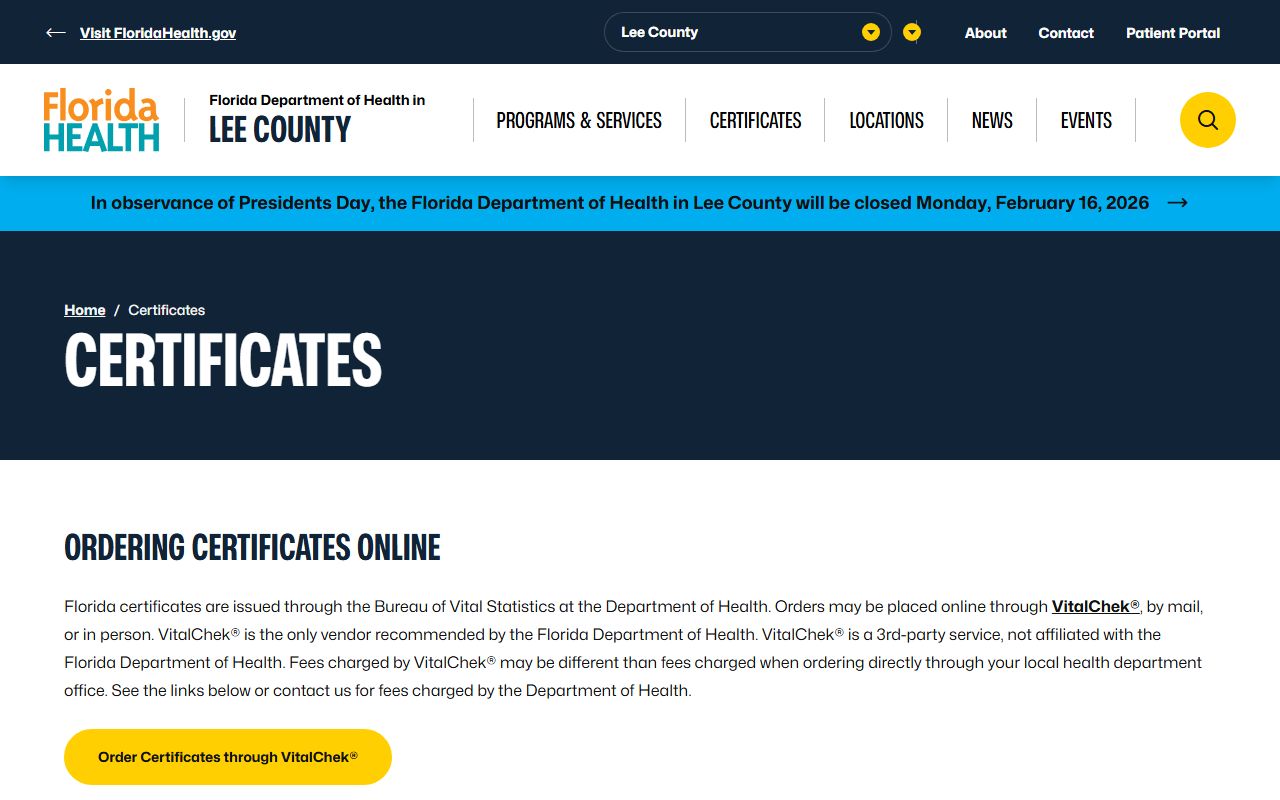Lee County death certificates information and ordering page