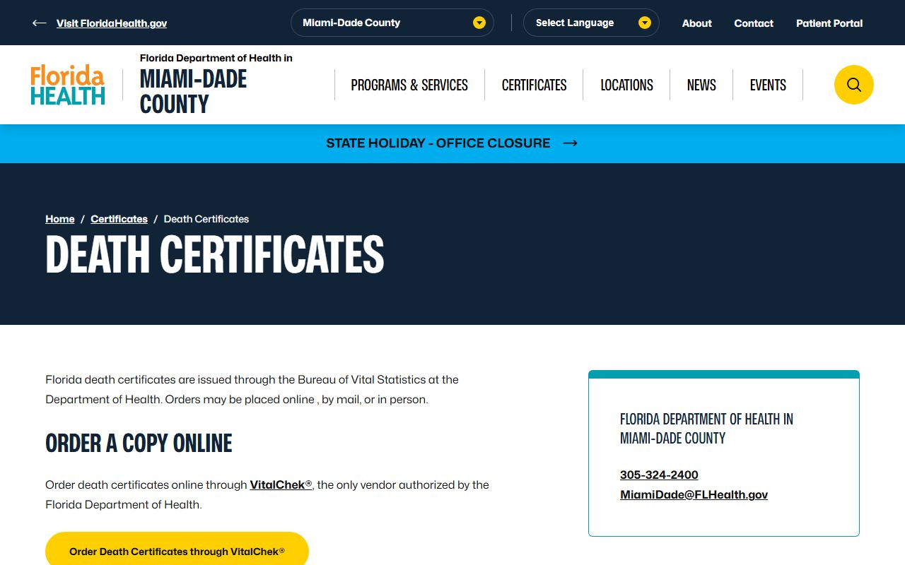 Miami-Dade County death certificates information