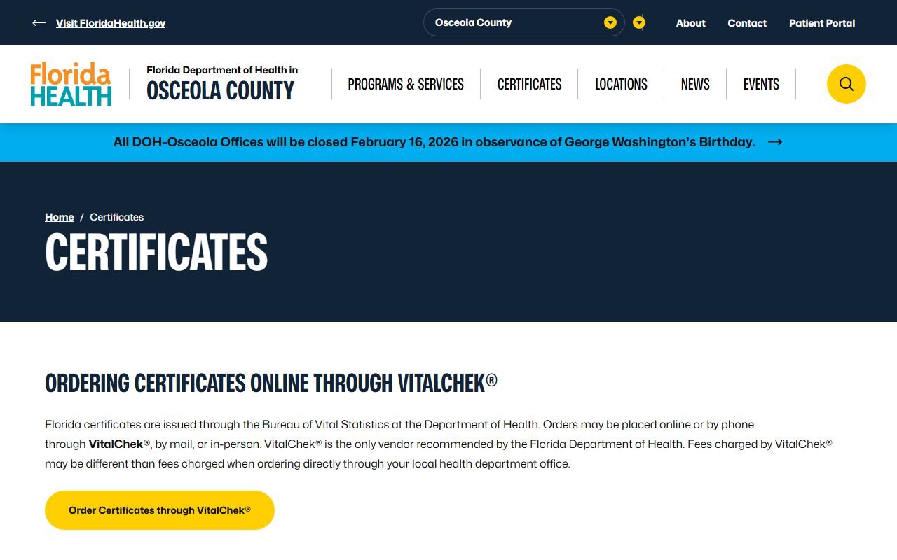 Osceola County death certificates ordering information page