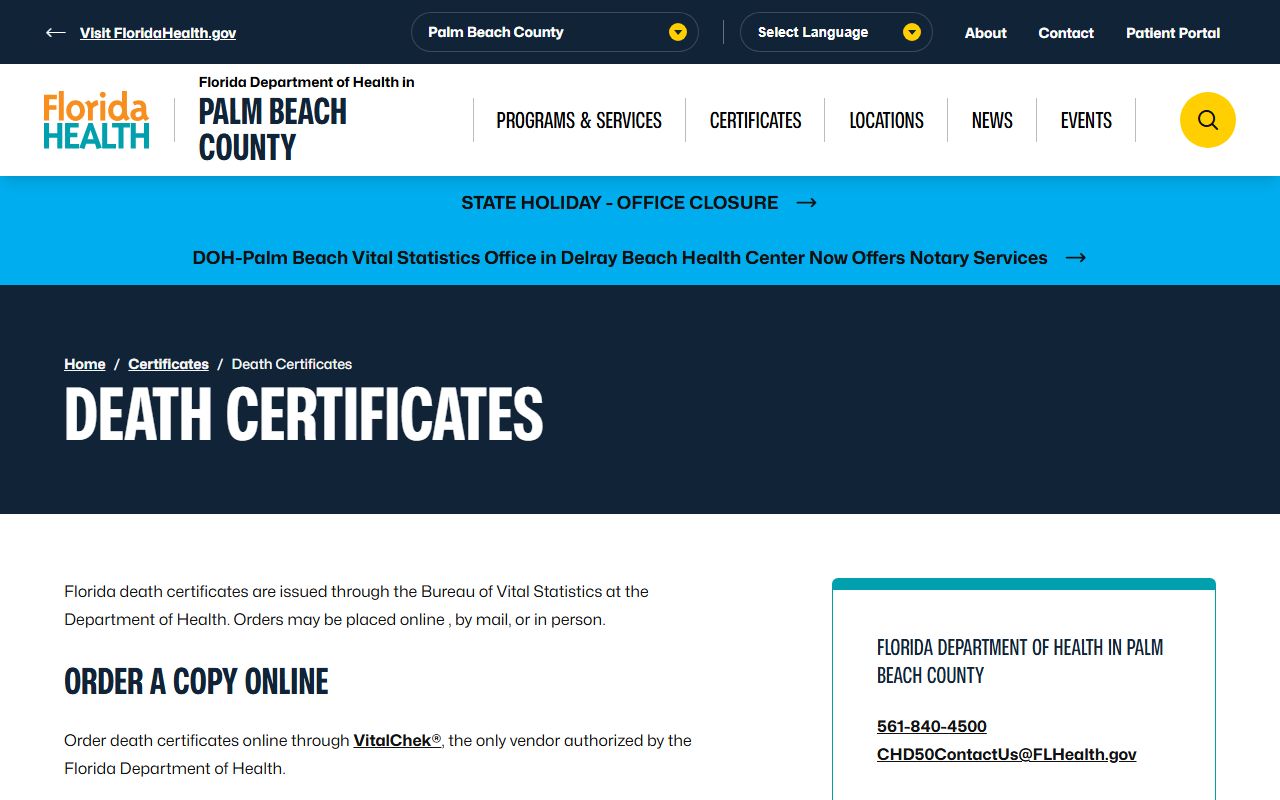 Palm Beach County death certificates ordering information page