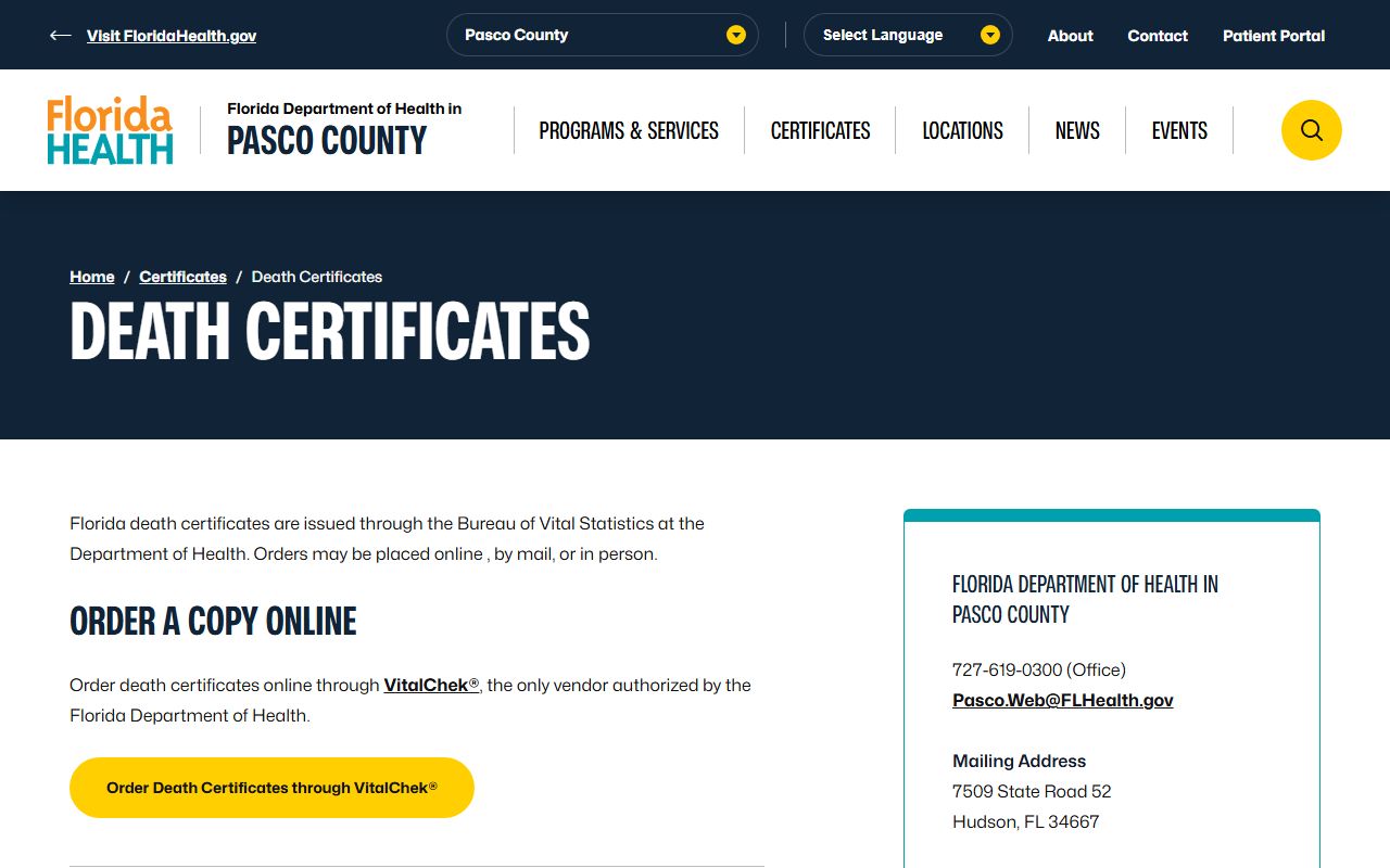 Pasco County death certificates ordering information page