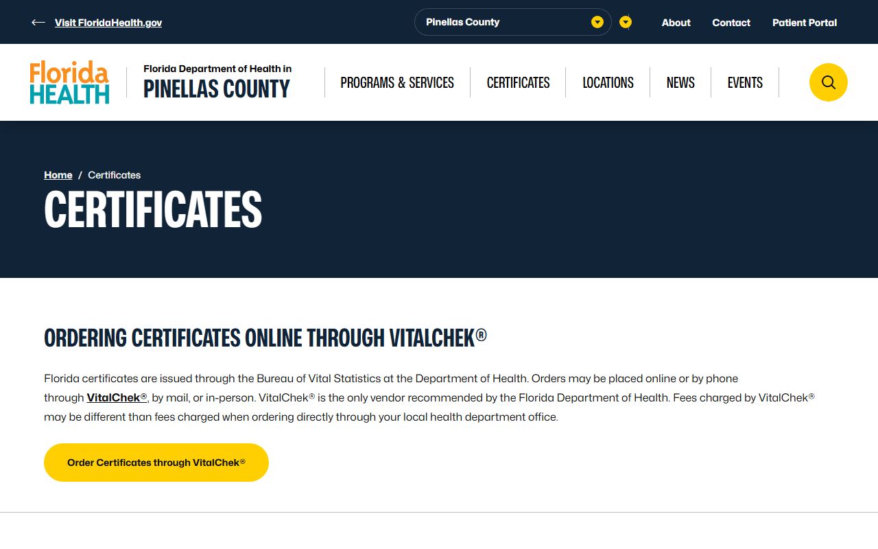 Pinellas County death certificates ordering information page