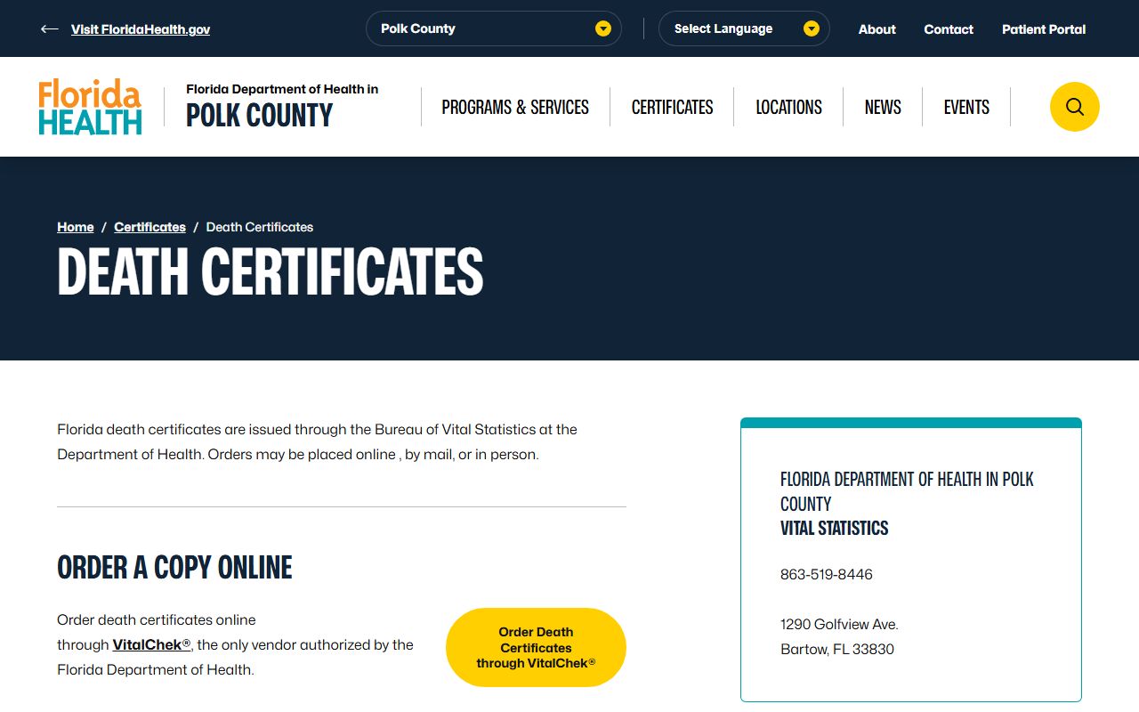 Polk County death certificates ordering information page