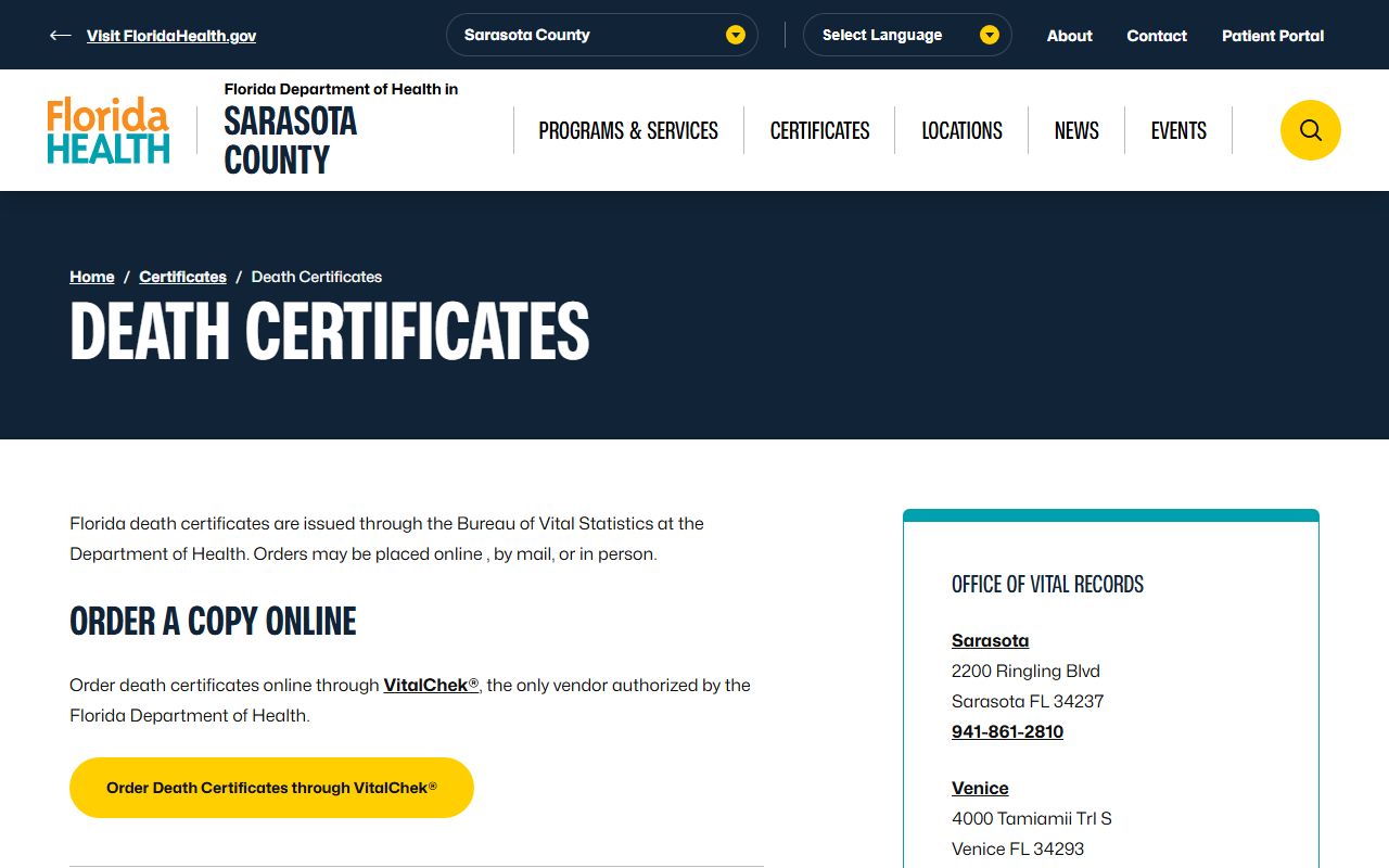Sarasota County death certificates ordering information page