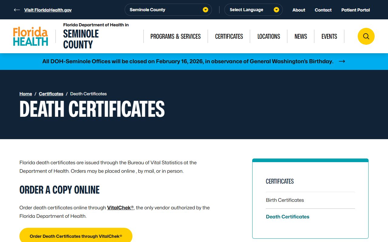 Seminole County death certificates ordering information page