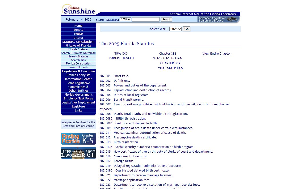 Florida Statutes page for vital records laws