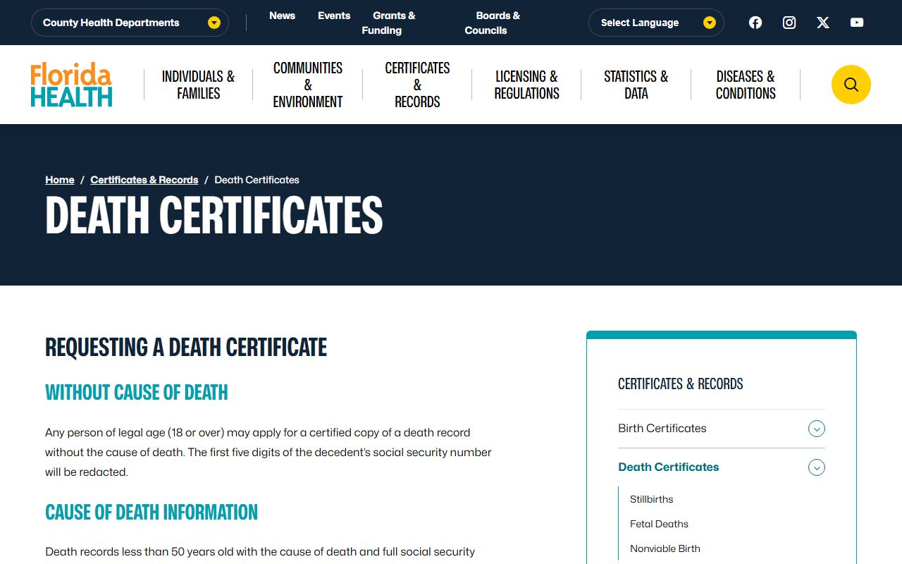 Florida Department of Health death certificates page