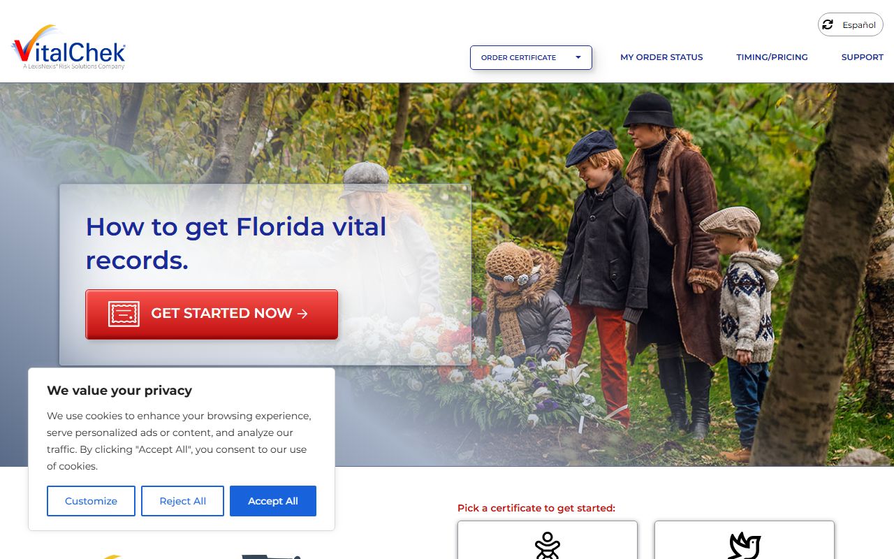 VitalChek ordering page for Florida death certificates